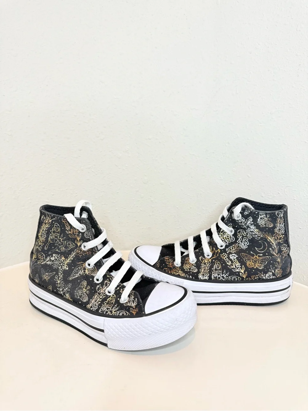 Converse Kids Eva Lift Unisex High Top Black Gold Butterfly Sneakers Size 13